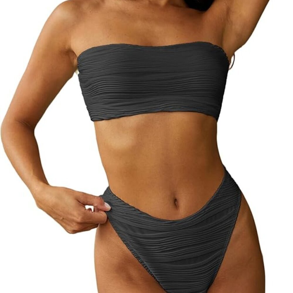 ZAFUL Women Strapless Textured Bandeau Bikini 2 Piece